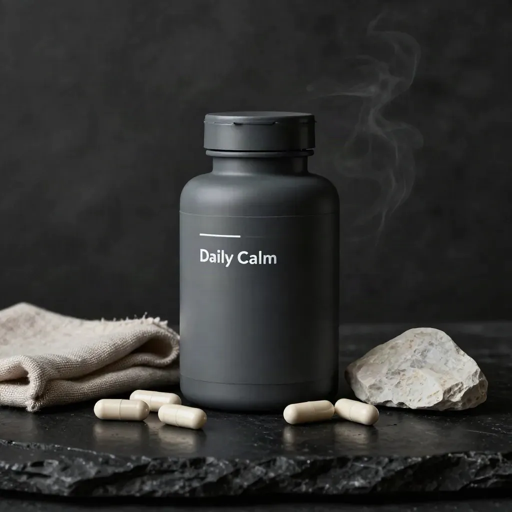 Charcoal CBD capsule bottle with capsules mid-fall on black stone, linen and pale stone wedge.