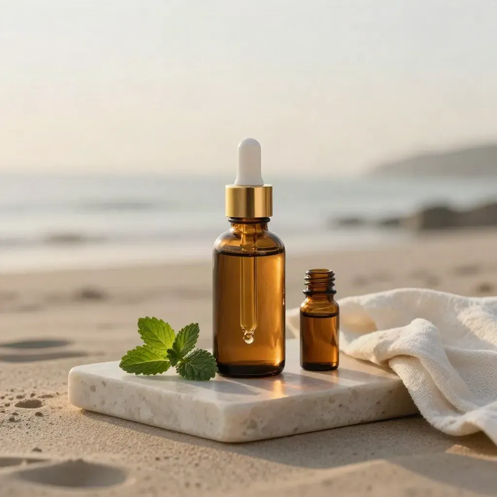 Amber CBD oil bottle with dropper, mint leaves, vial, linen cloth on stone in coastal fog
