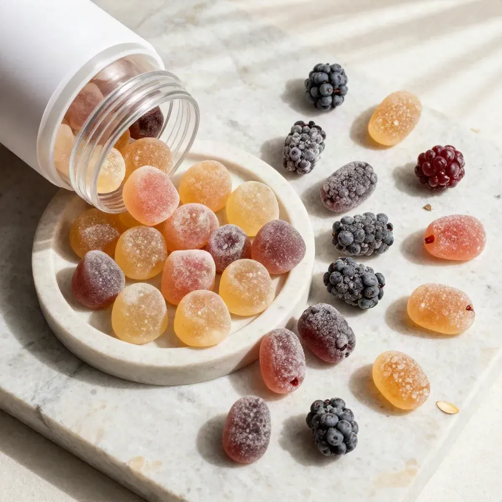 Overhead CBD gummies tub with berry gummies in a stone dish on pale travertine.