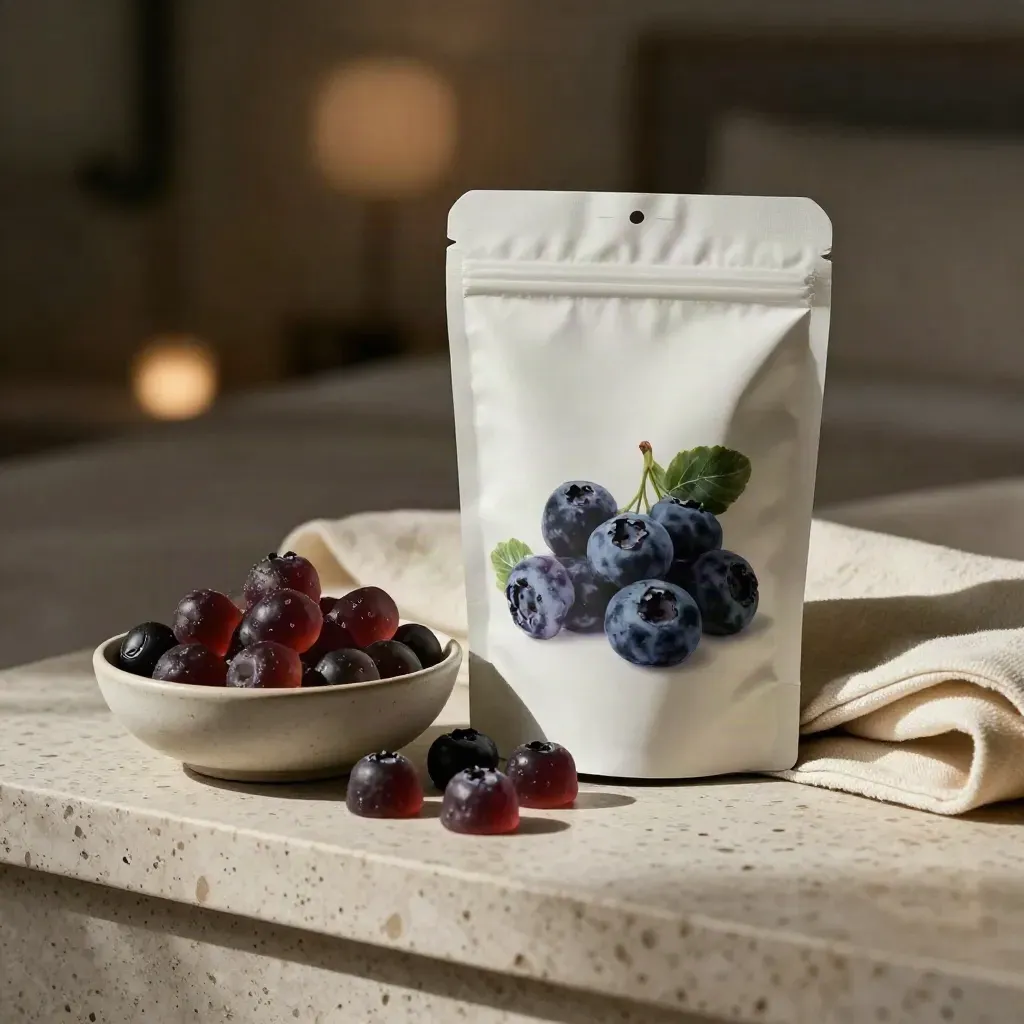 Blueberry sleep gummies pouch beside a ceramic bowl, cotton wrap, and pebble on travertine.