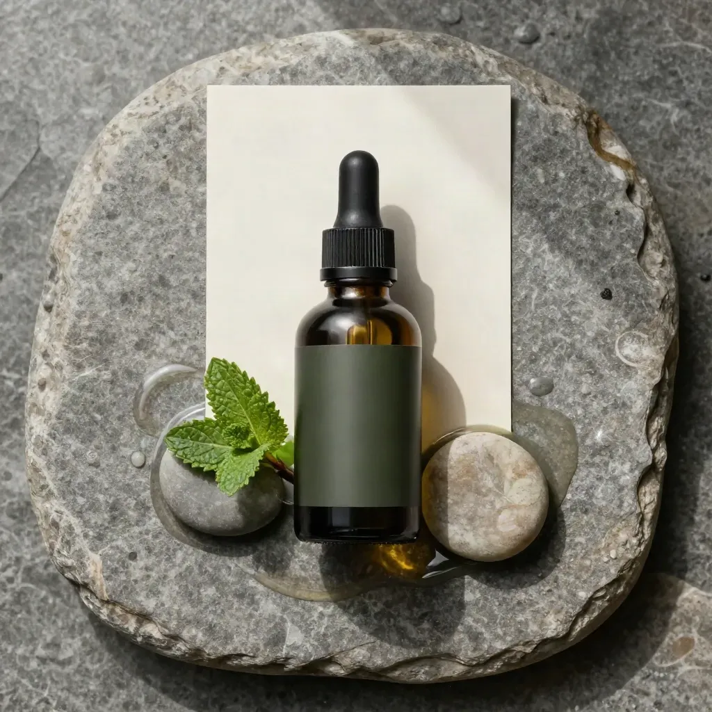 Overhead oil bottle flatlay with pebbles, mint twig, and wet stone rings.