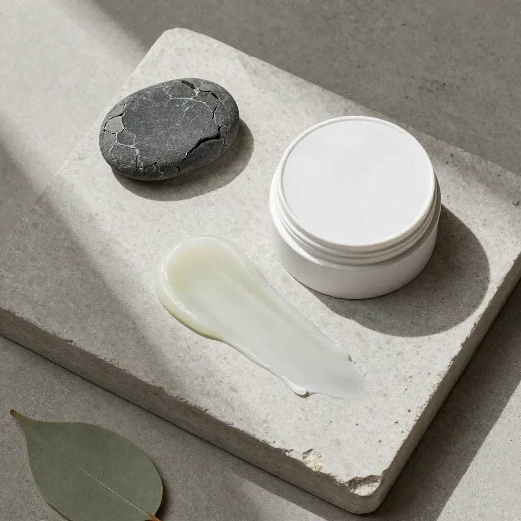 Overhead flatlay of a muscle balm jar with menthol smear, pebble and eucalyptus leaf.