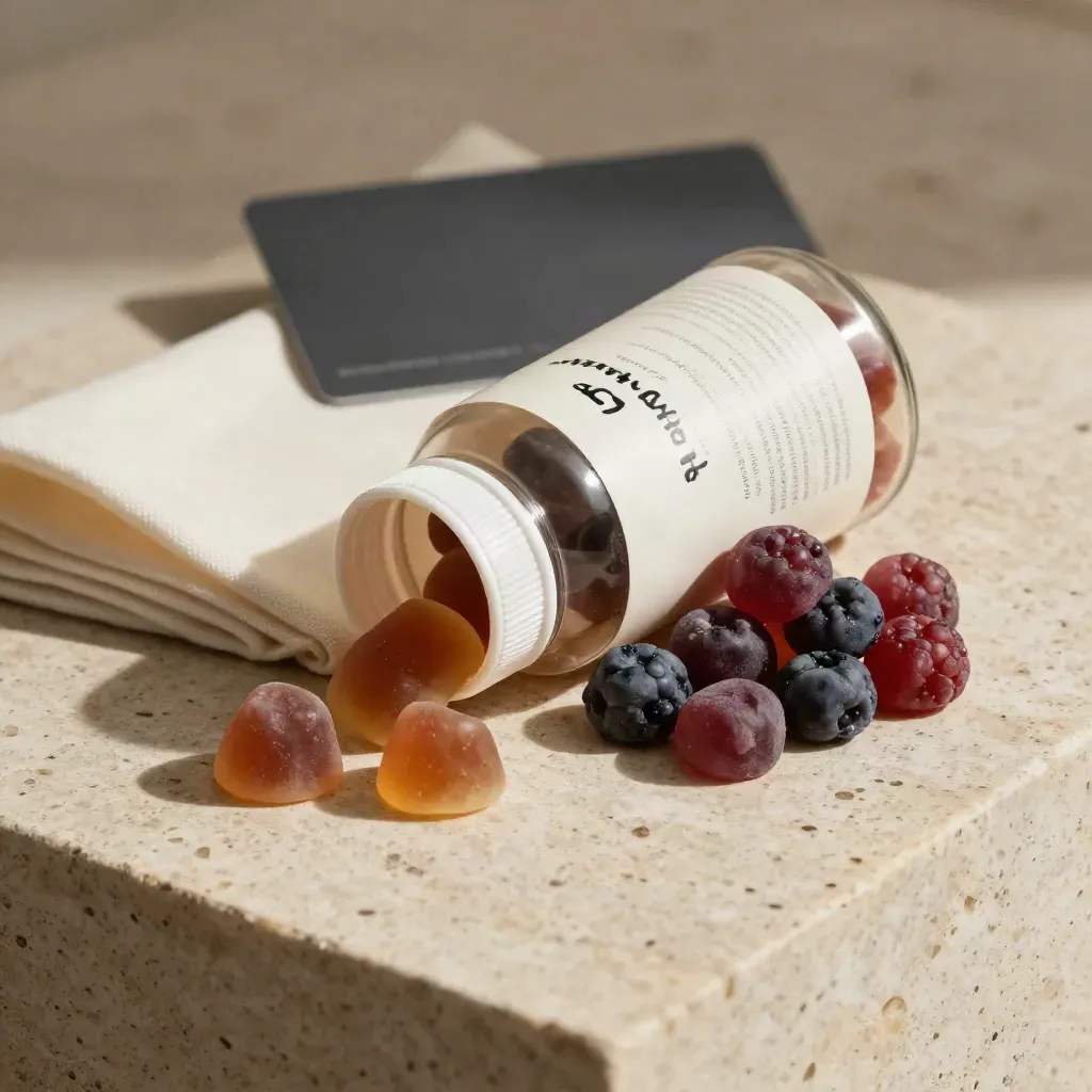 Unlabelled sleep gummy tub with berry gummies and cream cloth on pale travertine.