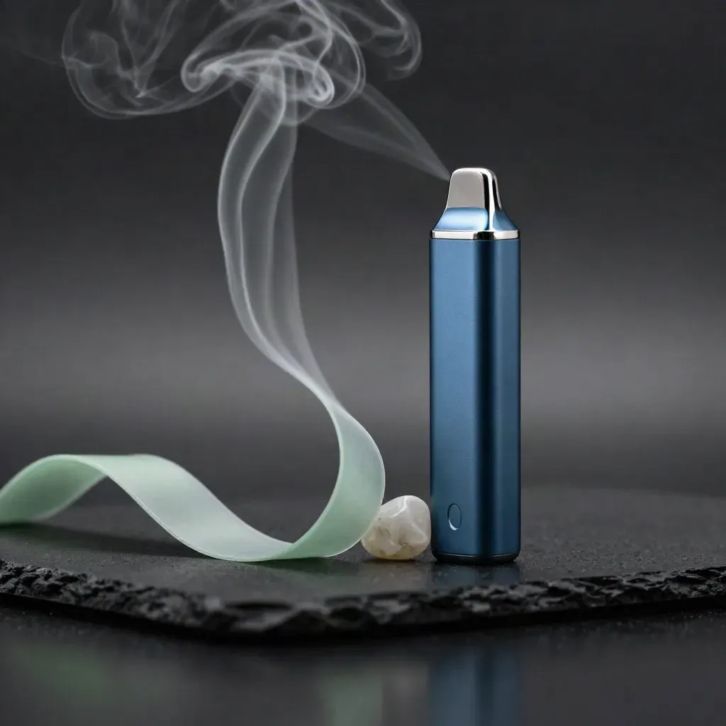 Blue Dream vape pen and pale stone chip in dramatic haze on black.