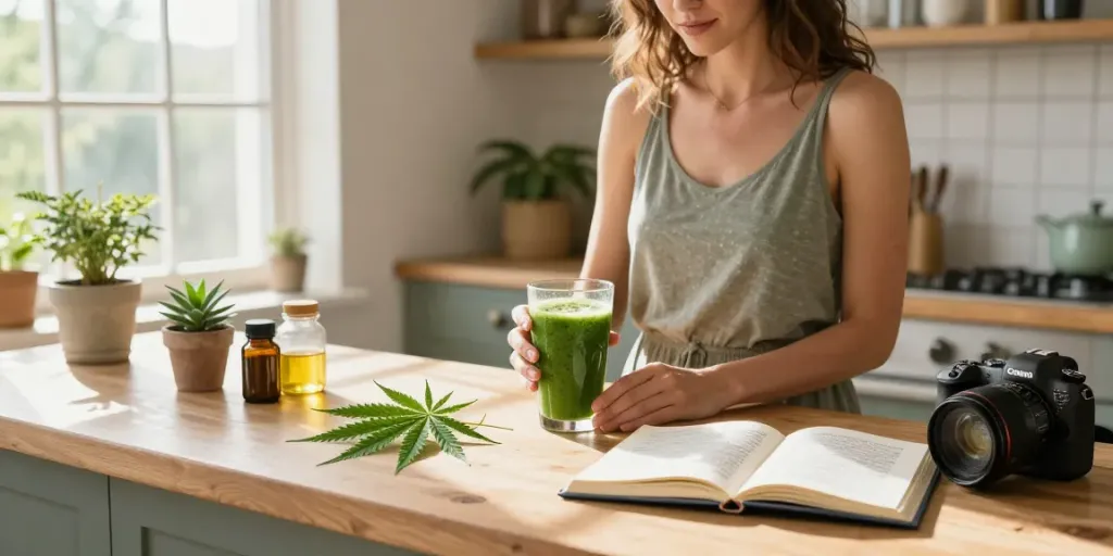 Cannabis FAQ on CBD oil benefits in natural wellness kitchen with hemp extracts.